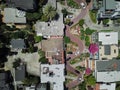 Top view steep hills and sharp curves one-way road Lombard Street, San Francisco Royalty Free Stock Photo